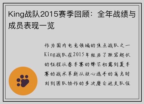 King战队2015赛季回顾：全年战绩与成员表现一览